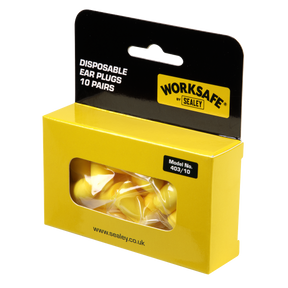 A yellow and black package labeled "Sealey Ear Plugs Disposable - 10 Pairs - 403/10" contains 10 pairs of ear plugs designed for optimal noise protection with an impressive SNR rating of 38dB.