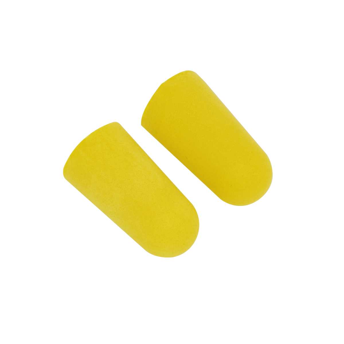 Two yellow foam ear plugs from the Sealey Ear Plugs Dispenser Refill Disposable - 250 Pairs (model 403/250DRE) are displayed against a white background, offering excellent noise protection with an SNR rating of 38dB.