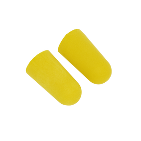 Two yellow foam ear plugs from the Sealey Ear Plugs Dispenser Refill Disposable - 250 Pairs (model 403/250DRE) are displayed against a white background, offering excellent noise protection with an SNR rating of 38dB.