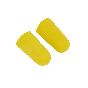 Two yellow foam ear plugs from the Sealey Ear Plugs Dispenser Refill Disposable - 250 Pairs (model 403/250DRE) are displayed against a white background, offering excellent noise protection with an SNR rating of 38dB.