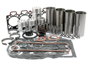 A Sparex Engine Overhaul Kit with Valve Train (Semi Finished) (Sparex Part Number: S.40395), featuring an assortment of Perkins engine parts such as an engine gasket set, pistons, cylinder liners, valves, and piston rings, is arranged neatly on a white background.