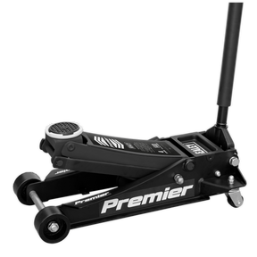 The Sealey Trolley Jack 4 Tonne Rocket Lift Black - 4040AB features a rubberized lifting pad, two front wheels, two rear casters, and a long handle for manual operation, offering a versatile lifting range.