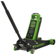 A green hydraulic floor jack with a black handle, labeled "Sealey" and "Trolley Jack 4 Tonne Rocket Lift Green - 4040AG" on the side, featuring a universal joint release mechanism for precise control.
