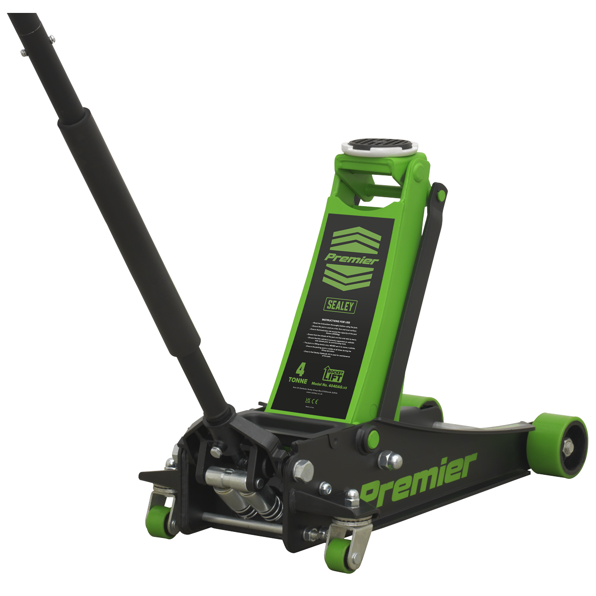 A green hydraulic floor jack with a black handle, labeled "Sealey" and "Trolley Jack 4 Tonne Rocket Lift Green - 4040AG" on the side, featuring a universal joint release mechanism for precise control.