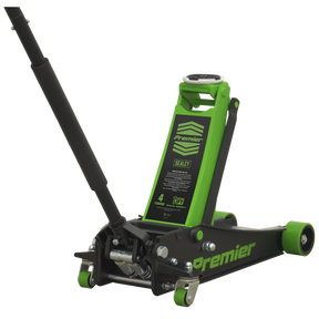 A green hydraulic floor jack with a black handle, labeled "Sealey" and "Trolley Jack 4 Tonne Rocket Lift Green - 4040AG" on the side, featuring a universal joint release mechanism for precise control.