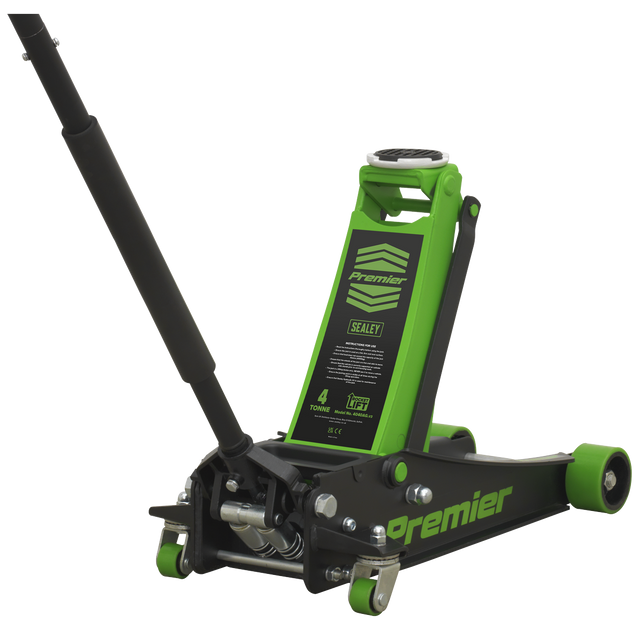A green hydraulic floor jack with a black handle, labeled "Sealey" and "Trolley Jack 4 Tonne Rocket Lift Green - 4040AG" on the side, featuring a universal joint release mechanism for precise control.