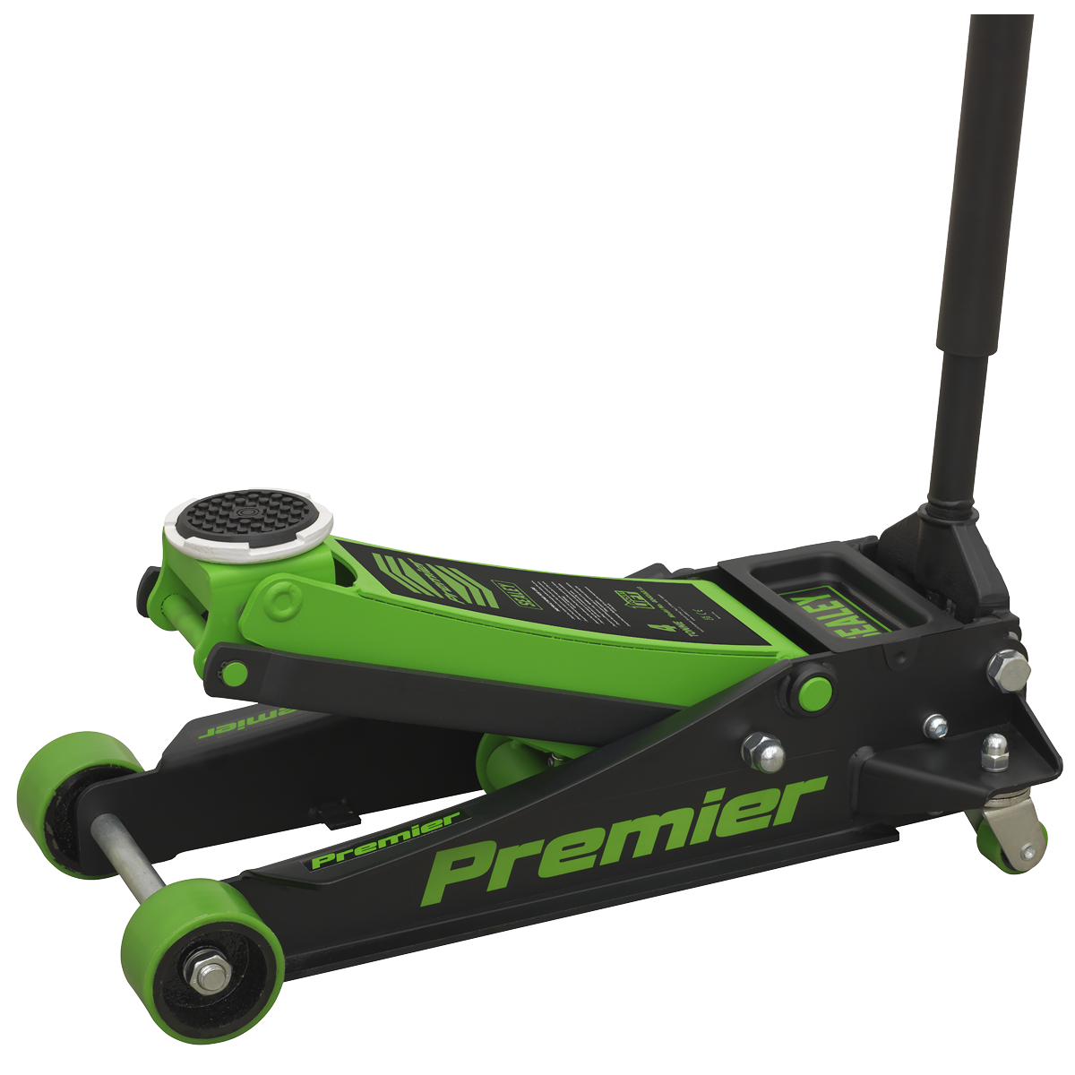 The Trolley Jack 4 Tonne Rocket Lift Green - 4040AG by Sealey, designed for lifting vehicles, features a versatile lifting range and a universal joint release mechanism.