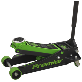 The Trolley Jack 4 Tonne Rocket Lift Green - 4040AG by Sealey, designed for lifting vehicles, features a versatile lifting range and a universal joint release mechanism.