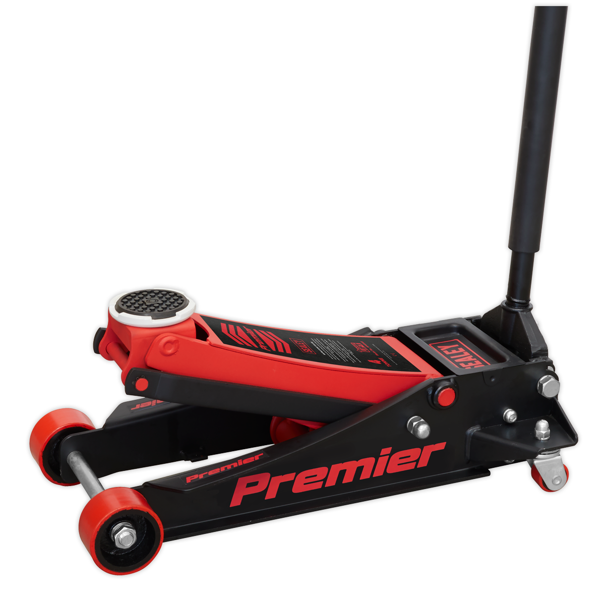 A Sealey hydraulic floor jack, known as the Trolley Jack 4 Tonne Rocket Lift Red - 4040AR, featuring a versatile lifting range and a heavy base design.