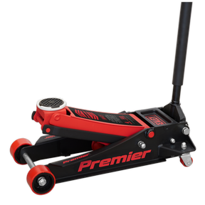 A Sealey hydraulic floor jack, known as the Trolley Jack 4 Tonne Rocket Lift Red - 4040AR, featuring a versatile lifting range and a heavy base design.