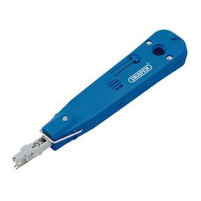 The image shows the Draper Punch Down Tool - PDT, a blue tool from Draper featuring a metal tip and retractable blade, designed for inserting and cutting telecom cables on a punch down block. Ideal for wire termination during installation and maintenance tasks.