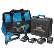 A Draper Storm Force® 20V Cordless Kit (7 Piece) - PTK20VTWPK, featuring a 20V combi drill, nail gun, batteries, charger, and a black toolbox, all arranged in front of a blue and black carrying bag.