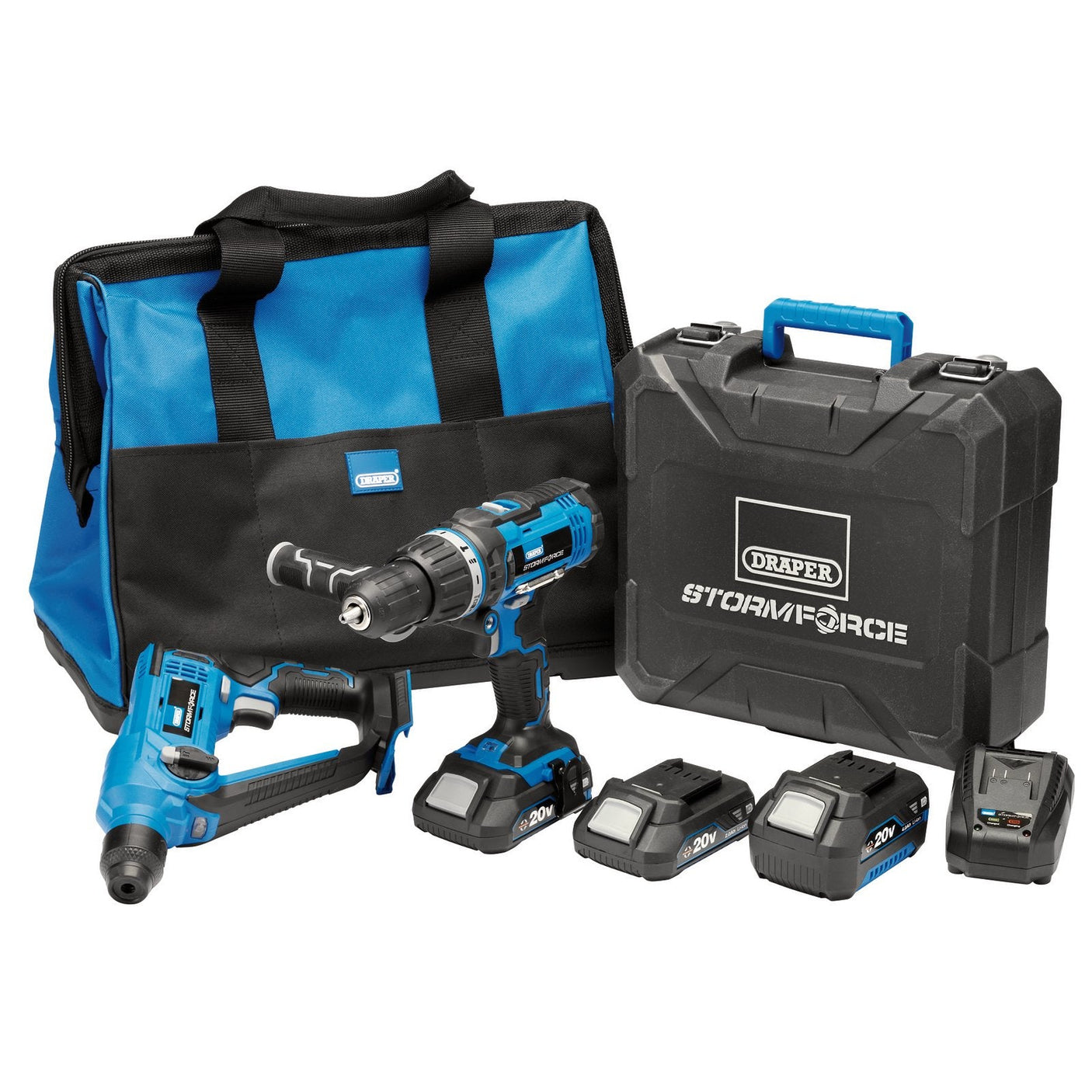 A Draper Storm Force® 20V Cordless Kit (7 Piece) - PTK20VTWPK, featuring a 20V combi drill, nail gun, batteries, charger, and a black toolbox, all arranged in front of a blue and black carrying bag.