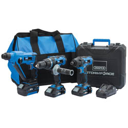 Introducing the Draper Storm Force® 20V Cordless Fixing Kit (8 Piece) - PTK20VFIX: a versatile blue and black power tool set featuring three drills (including a combi drill), two cases, a charger, li-ion batteries, and a convenient carrying bag.