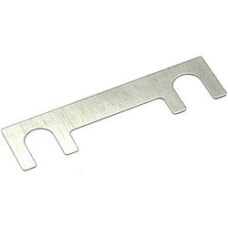 A flat, rectangular metal Draper Spare Fuse, 50A - Y658032 with two round cutouts and a smaller rectangular cutout on one side.