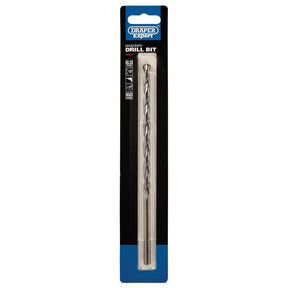 Packaged Draper Masonry Drill Bit, 8 X 200mm - MD12PB with a tungsten carbide tipped edge in a blue and black blister pack, labeled "Masonry Drill Bit" with specifications and standards icons, perfect for use with power drills.