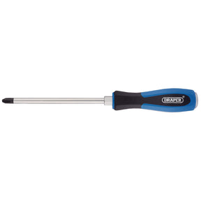 A Draper Pound Thru' Cross Slot Screwdriver, No.3 X 150mm - 975, featuring a black and blue soft grip handle with the "Draper" brand name printed on it, and a shaft made of durable chrome vanadium steel.