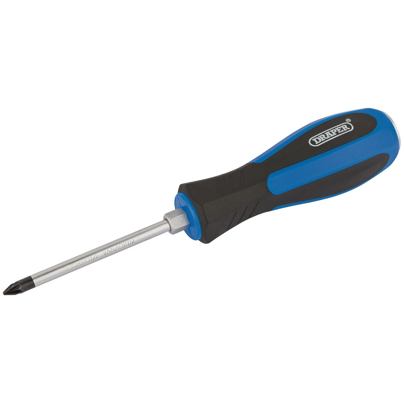 A Draper Pound Thru' Pz Type Screwdriver, No.1 - 975 featuring a blue and black design with a soft, rubberized grip handle for comfort and a durable metal shaft made of chrome vanadium steel.