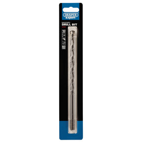 The Draper Masonry Drill Bit, 10 X 200mm - MD12PB, is packaged in a blister pack and features a metallic spiral design with a straight shank, making it ideal for drilling into masonry. This high-performance tool from Draper meets ISO 5468 specifications for exceptional durability.