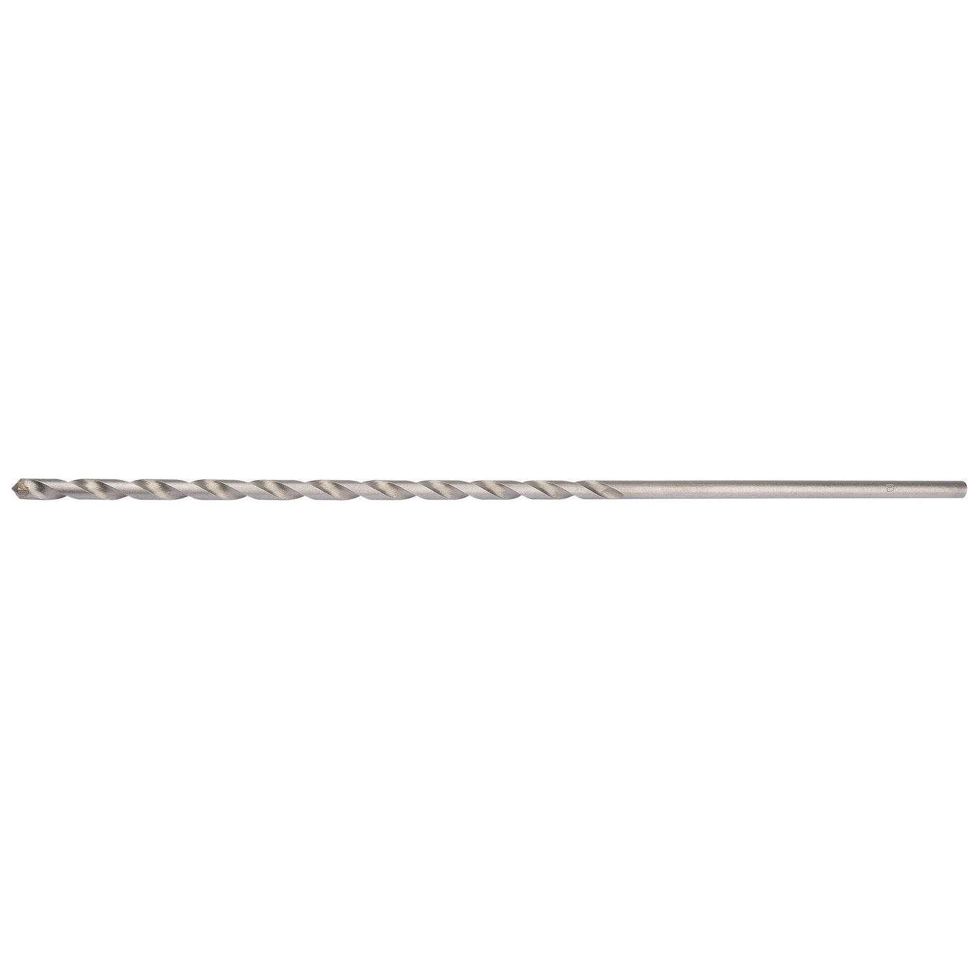 The Draper Masonry Drill Bit, 10 X 400mm - MD12PB is a long, silver bit with spiral grooves running along its length. The cylindrical bit features a pointed tip for precise drilling and is crafted from tungsten carbide for enhanced durability. This drill meets ISO 5468 standards and is ideal for various straight shank drills.