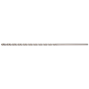 The Draper Masonry Drill Bit, 10 X 400mm - MD12PB is a long, silver bit with spiral grooves running along its length. The cylindrical bit features a pointed tip for precise drilling and is crafted from tungsten carbide for enhanced durability. This drill meets ISO 5468 standards and is ideal for various straight shank drills.