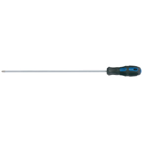 The Draper Extra Long Reach General Purpose Cross Slot Screwdriver, No.2 X 450mm - 970L, features a black and blue ergonomic soft grip handle and hardened blades, displayed on a white background.