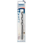 Packaging of the Draper Masonry Drill Bit, 14 X 150mm - MD12PB from Draper features a silver, spiral design drill bit inside a clear plastic casing on a white and blue cardboard backing. This ISO 5468 compliant tool includes tungsten carbide tips for durability and precision in drilling tasks.