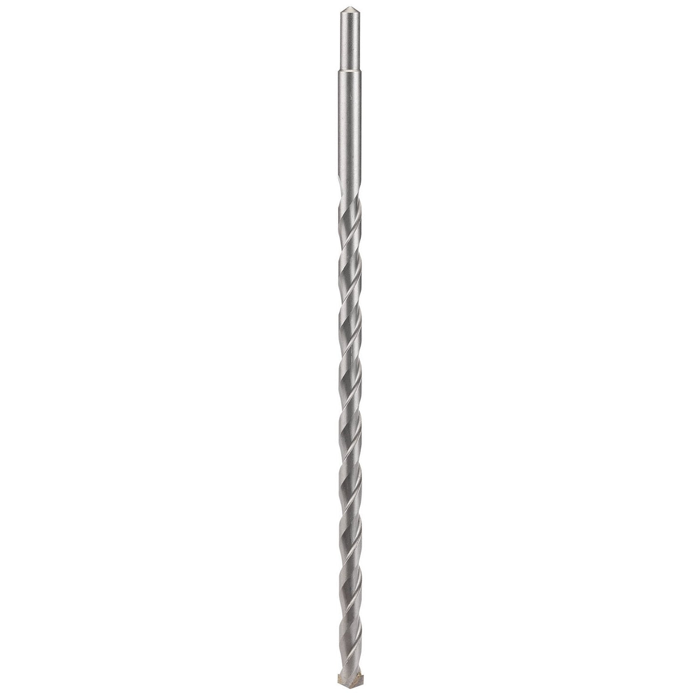 A long, silver, metal drill bit with a spiral groove is shown against a white background. This tungsten carbide Draper Masonry Drill Bit, 16 X 400mm - MD12PB conforms to ISO 5468 specifications for superior performance and durability.