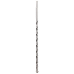 A long, silver, metal drill bit with a spiral groove is shown against a white background. This tungsten carbide Draper Masonry Drill Bit, 16 X 400mm - MD12PB conforms to ISO 5468 specifications for superior performance and durability.