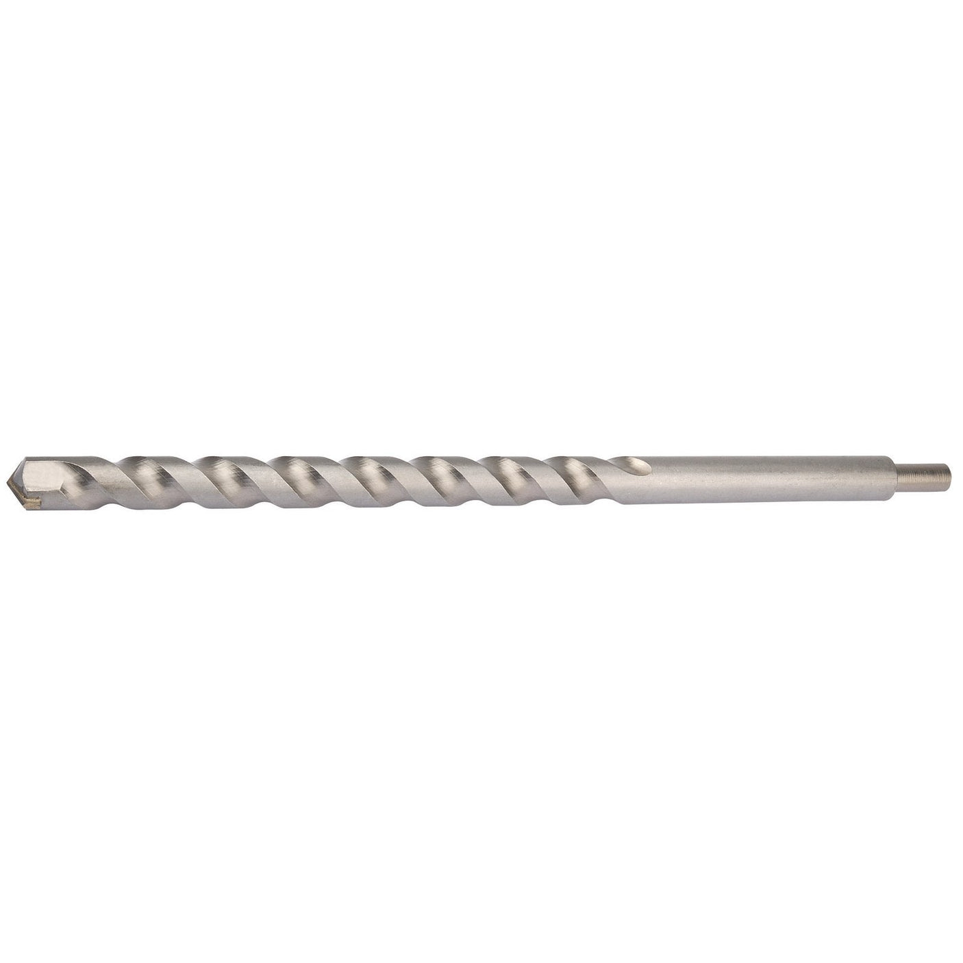 The Draper Masonry Drill Bit, 25 X 400mm - MD12PB from Draper, features a silver finish, spiral flute design, and flat shank. Adhering to ISO 5468 Specifications, it is ideal for drilling into concrete or stone surfaces.