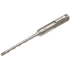 The Draper Sds+ Masonry Drill Bit, 4.0 X 110mm - DSDS/PB, a silver metal drill bit with a spiral design and an SDS shank, compliant with ISO 5468 specifications, is shown against a white background.