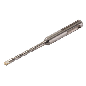 A close-up image of the Draper SDS+ Masonry Drill Bit, 5.0 x 110mm - DSDS/PB reveals its helical groove along the length and a pointed tip. This tungsten carbide tipped tool, designed to meet ISO 5468 standards, ensures durability and precise drilling. The shank features a secure groove for use in straight shank drills.