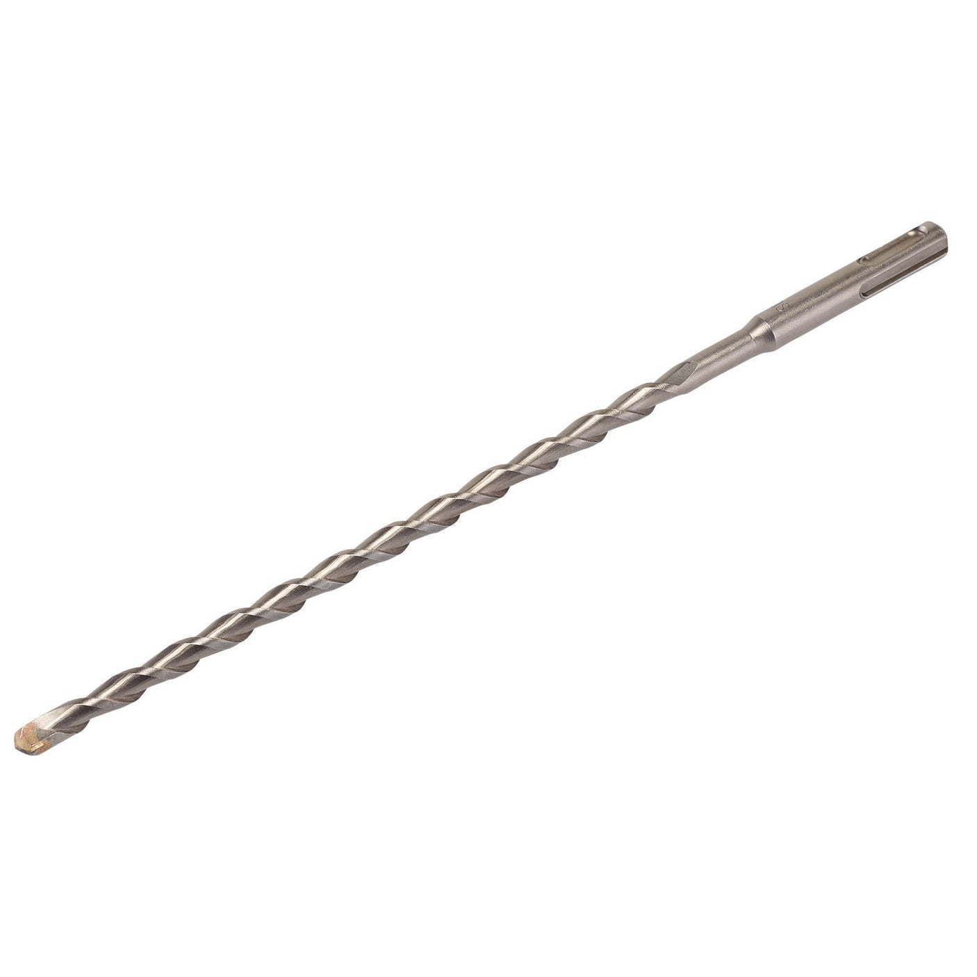 The Draper Sds+ Masonry Drill Bit, 6.0 X 210mm - DSDS/PB is a long, silver-colored drill bit with a twisted design and a pointed tip, intended for use with power drills and meeting ISO 5468 specifications.