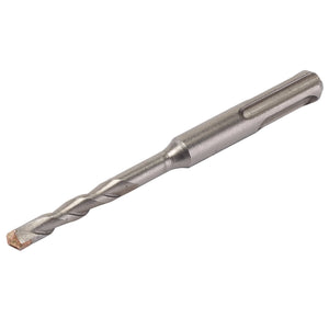 Close-up of the Draper Sds+ Masonry Drill Bit, 6.5 X 110mm - DSDS/PB, featuring a metallic spiral fluted design, pointed tip, and a cylindrical shank compliant with ISO 5468 Specifications.