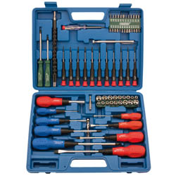 The Draper Screwdriver, Socket And Bit Set (70 Piece) - 865/70 by Draper is a blue plastic tool case containing multiple screwdrivers, a robust socket set, and other assorted tool bits, including a reversible ratchet, all neatly organized in compartments.