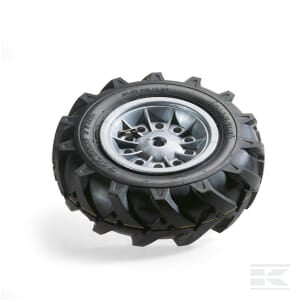 A single black off-road tire with a silver rim on a white background. The tire, part of the Pneumatic wheel set, silver - R40918 by Rolly Toys, has thick, rugged treads and appears new.