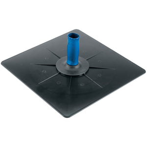 The Draper ABS Plasterer's Hawk, 330 x 330mm - 9025, is a black, square-shaped tool made of rigid ABS with a central blue handle designed for stability and an integrated callous protector, making it ideal for construction or repair work.