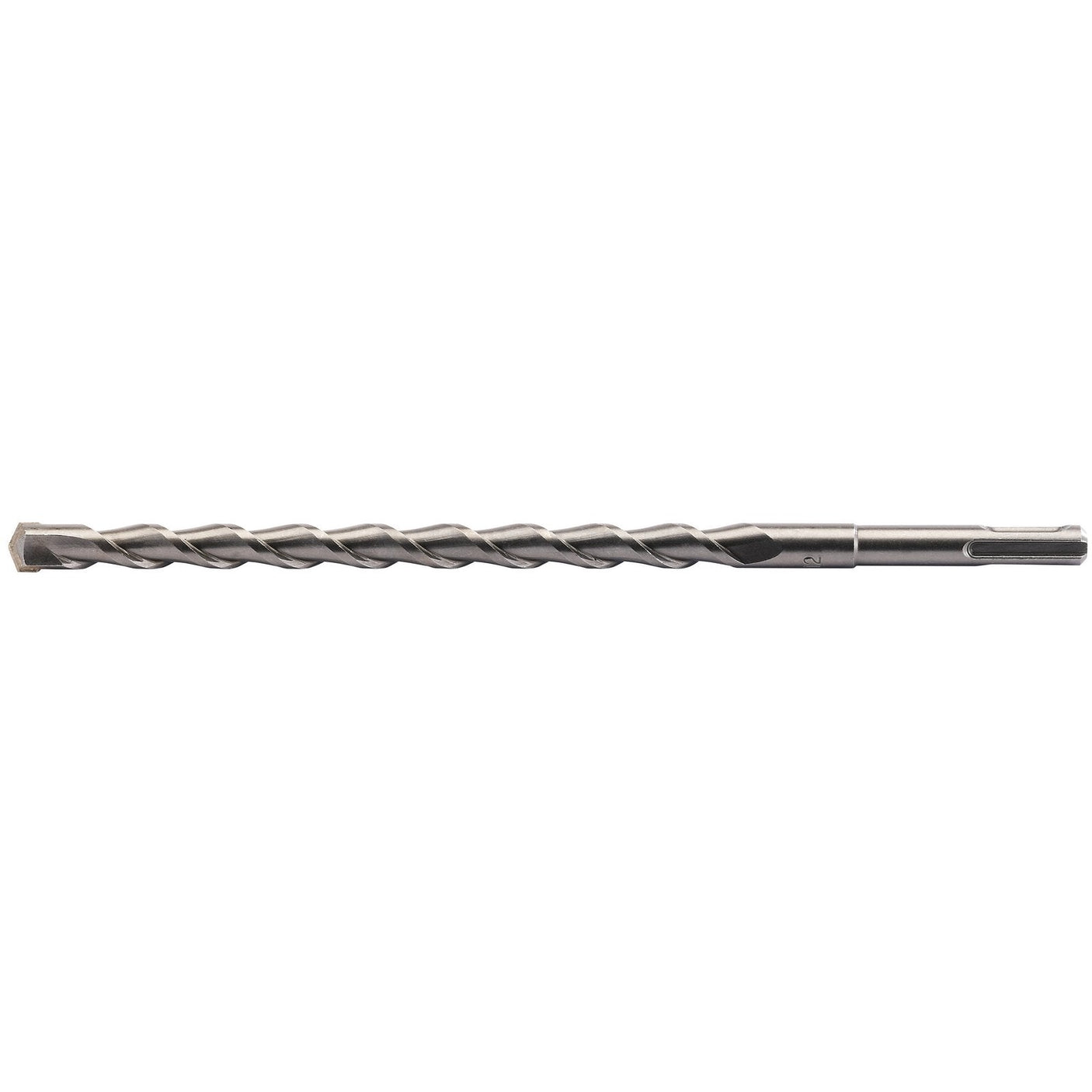 A long, silver-colored Draper Sds+ Masonry Drill (12.0 x 260mm - DSDS/PB) with a narrow shaft, made from durable tungsten carbide.