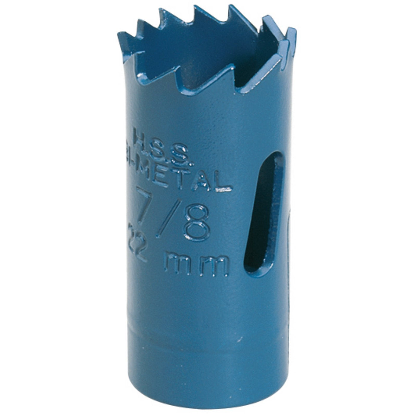 A blue, high-speed variable pitch bi-metal hole saw with jagged teeth on one end and a label indicating "Draper HSS Bi-Metal Holesaw Blade, 22mm - HSP.