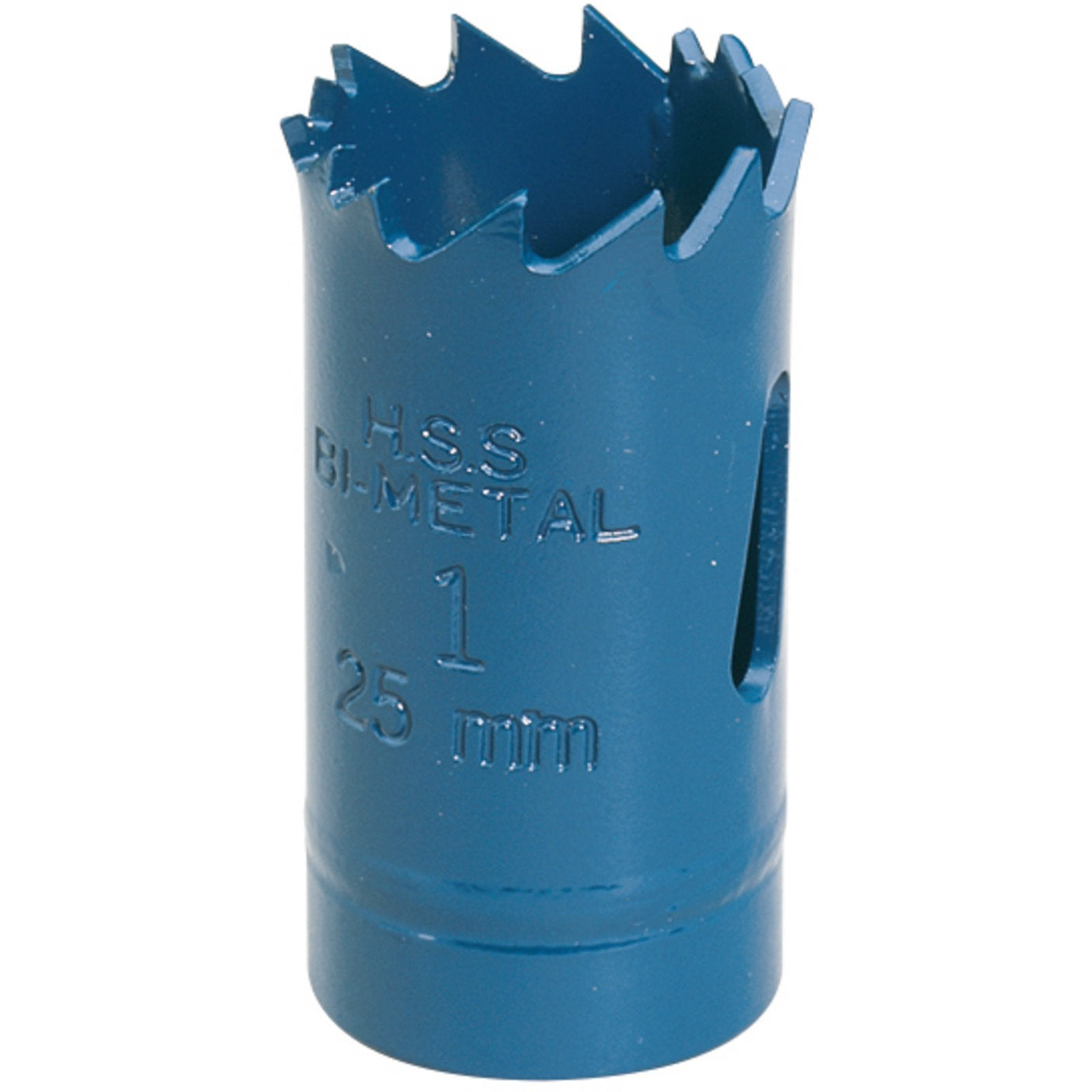 A blue metal hole saw with sharp teeth, labeled "Draper Hss Bi-Metal Holesaw Blade, 25mm - HSP," ideal for durable cutting tools and creating accurate holes.