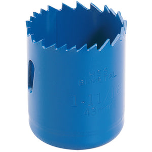 The Draper HSS Bi-Metal Holesaw Blade, 43mm - HSP, is a durable cutting tool designed for precision. This blue, cylindrical saw with sharp teeth features "HSS Bi-Metal" and measurements "1-11/16" and "43mm" printed on its side.