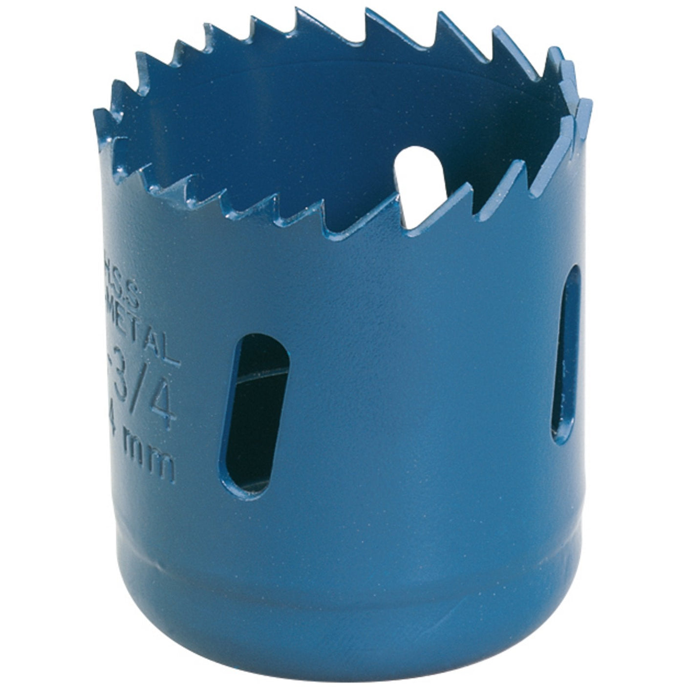 The Draper HSS Bi-Metal Holesaw Blade, 44mm - HSP is a blue bi-metal hole saw featuring jagged teeth and side openings for chip removal, perfect for cutting precise circular holes in metal.