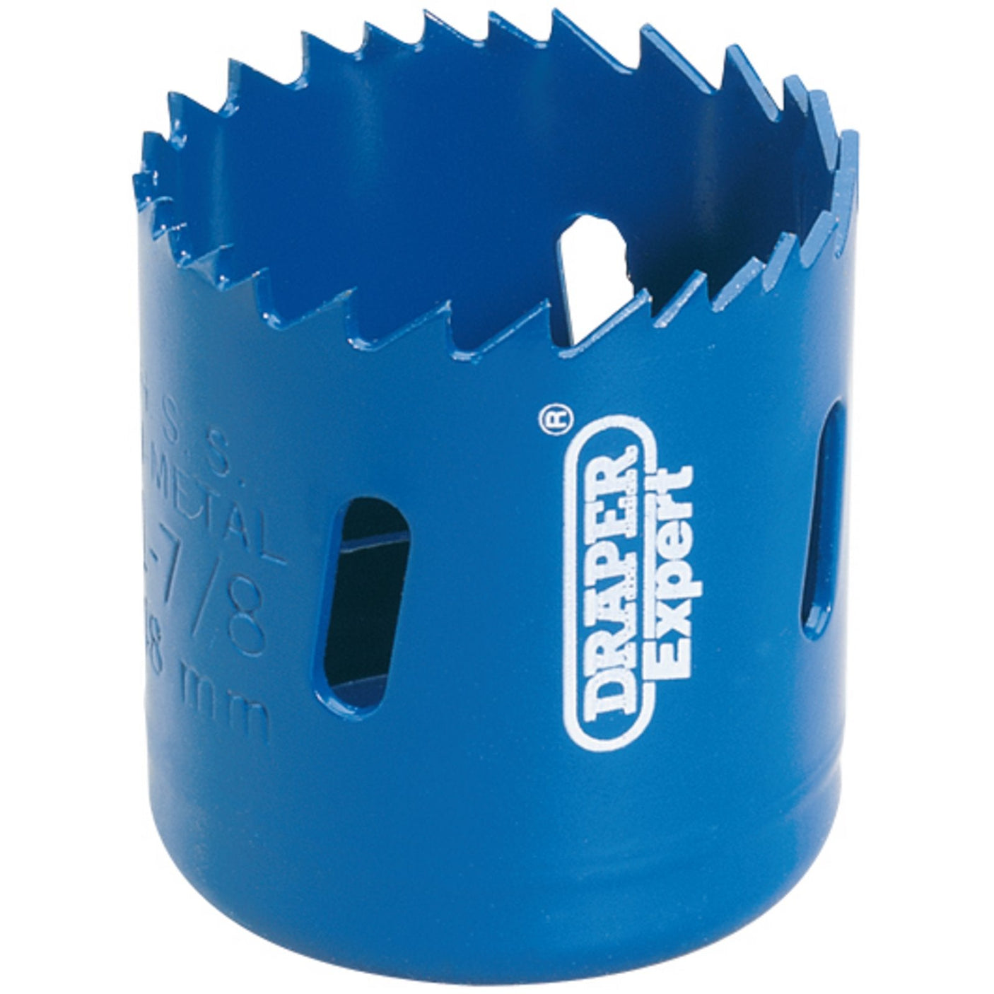 Close-up of a blue Draper Hss Bi-Metal Holesaw Blade, 48mm - HSP from Draper, designed for cutting through metal and plastic, featuring sharp teeth and a cylindrical shape.