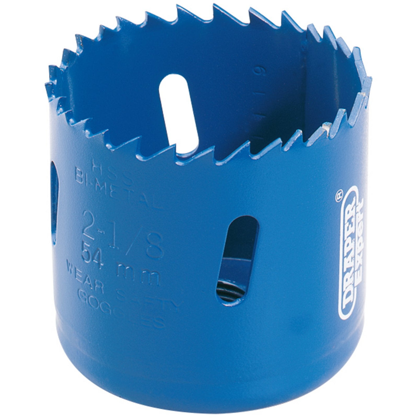 A precise metal cutting tool, the Draper HSS Bi-Metal Holesaw Blade, features a 54mm (2-1/8 inch) cutting diameter and jagged edges, making it ideal for professional use.