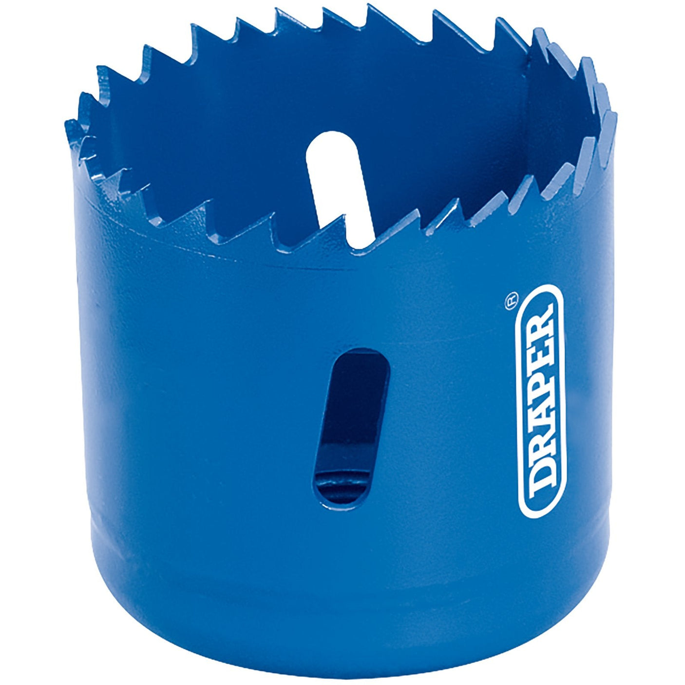 A blue Draper Hss Bi-Metal Holesaw Blade, 57mm - HSP, featuring sharp, jagged teeth for heavy-duty circular cutting and two elongated slots, with the brand name "Draper" printed on the side.