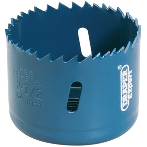 A blue bi-metal hole saw with sharp teeth and two oblong holes for attachment, made from hardened M3 steel. It is labeled "Draper HSS BI-METAL HOLESAW BLADE" and "64 mm.