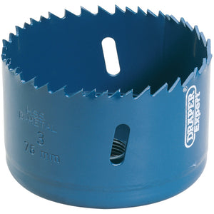 A blue Draper Hss Bi-Metal Holesaw Blade with a 76 mm diameter, from the Draper brand, features an M3 steel cutting edge for exceptional performance.