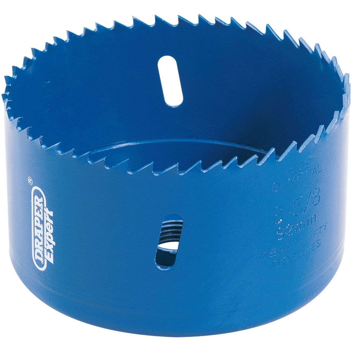 A blue Draper HSS bi-metal hole saw with sharp teeth and side slots, featuring the "Draper Expert" branding on the side.