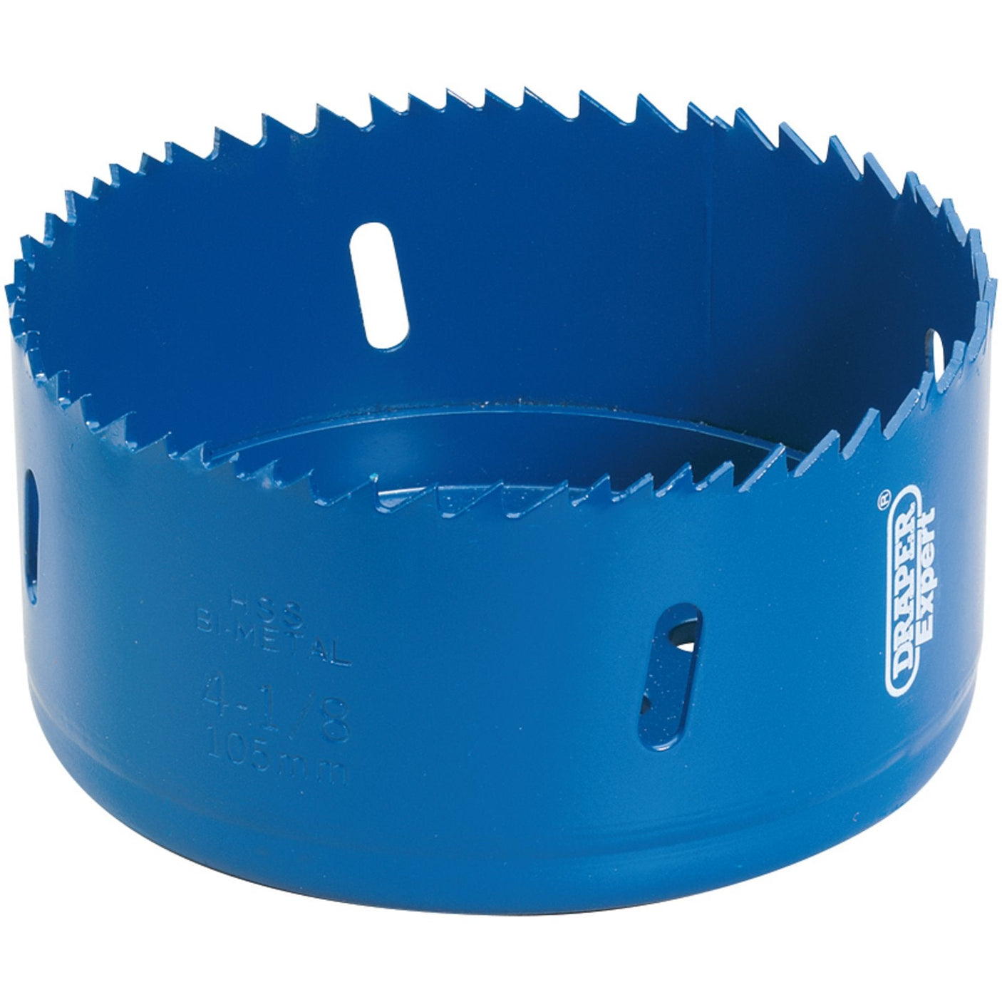 A Draper HSS bi-metal hole saw blade, measuring 105 mm (4-1/8 inches) and featuring sharp teeth with multiple side slots, branded "Draper" under the "HSP" model, promises durable and hardwearing performance for heavy-duty cutting action.