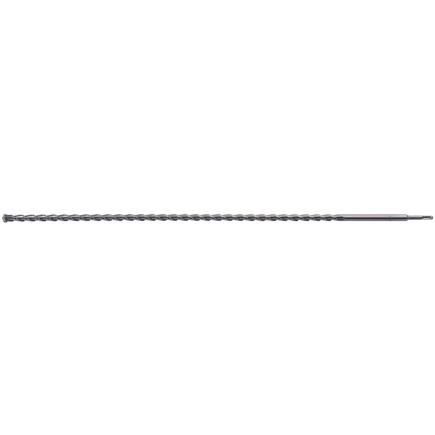 The Draper Sds+ Masonry Drill, 19.0 X 1000mm - DSDS/PB is a long, silver drill bit with a spiral design for masonry drilling. It features a straight shank and is crafted from tungsten carbide.